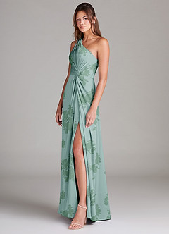 Azazie Brooke Robes de demoiselle d'honneur Robe Trapèze en Satin extensible Ue épaule Fleurs De Sauge Poussiéreuse image5