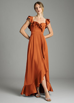 Azazie Lyra Vestidos de damas de honor Vestido de Canela de Satén Elástico de Corte en A Convertible con Vestidos sin tirantes image3
