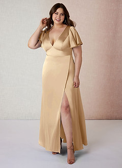 Azazie Lani Brautjungfernkleider A-Linie Volantärmel Stretch-Satin Kleid Champagner image7