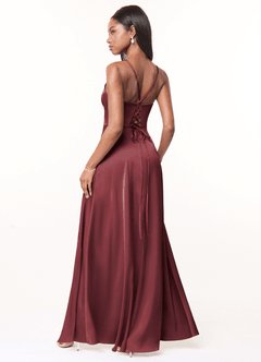 Azazie Maksim Bridesmaid Dresses Merlot A-Line V-Neck Stretch Satin Dress image2