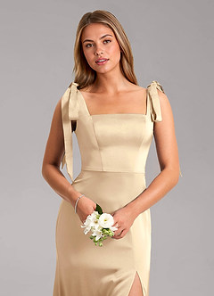 Azazie Frostine Bridesmaid Dresses Champagne A-Line Bow Stretch Satin Dress image4