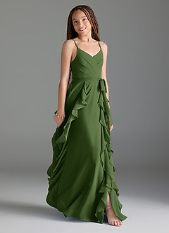 Azazie Peyton Junior Olive A-Line V-Neck Cascading Ruffles Chiffon Dress image3