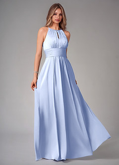 Azazie Bonnie At-home Try On Dresses Dusty Blue A-Line Pleated Stretch Satin Dress image1