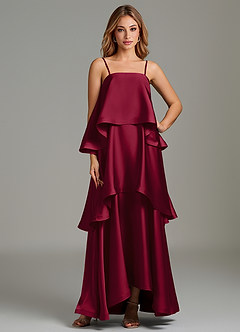Azazie Azalea Bridesmaid Dresses Burgundy A-Line Ruched Stretch Satin Dress image1