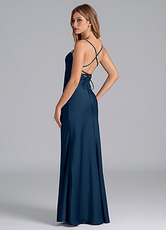 Azazie Seema Vestidos de damas de honor Vestido de Azul Marino Oscuro de Satén Elástico de Corte Sirena con Corsé image6