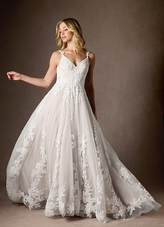Azazie Delaina Wedding Dresses Diamond White Nude A-Line V-Neck Sequins Tulle Dress image12