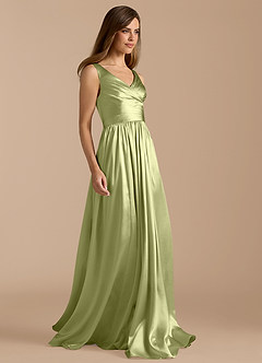 Azazie Keyla Bridesmaid Dresses Pistachio A-Line Pleated Metallic Satin Dress image7