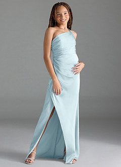 Azazie Eren Junior Cloud Blue Sheath Pleated Stretch Satin Dress image3