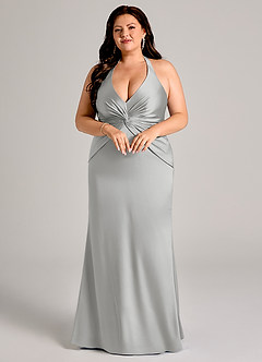 Azazie Valerie Vestidos de damas de honor Vestido de Plata de Satén Elástico de Corte Sirena con Plisado image9