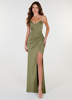 Azazie Yola Bridesmaid Dresses Pistachio Sheath V-Neck Pleated Stretch Satin Convertible Dress image1