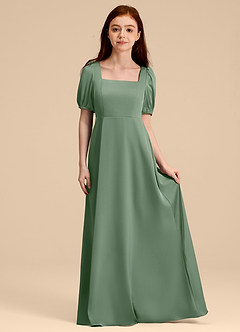 Azazie Briar Junior Abito A-Line in Raso Elasticizzato Fiocco Matcha image3