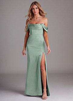 Azazie Saige Bridesmaid Dresses Agave Sheath Off the Shoulder Stretch Satin Dress image3