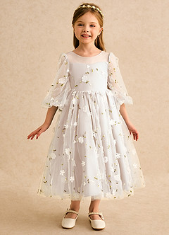 Azazie Elowen vestidos de niña de las flores Vestido Alabastro Blanco de Encaje de Línea A con Escote corazón image3