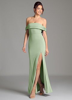 Azazie Evangelia Robes de demoiselle d'honneur Robe Sirène en Jersey extensible de qualité supérieure Épaules dénudées Vert Sauge image5