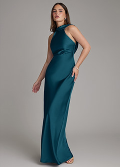 Azazie Dimitra Bridesmaid Dresses Ink Blue A-Line Pleated Stretch Satin Dress image4