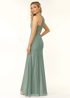 Azazie Rue Vestidos de damas de honor Vestido de Salvia Plateada de Gasa de Corte en A con Halter image4