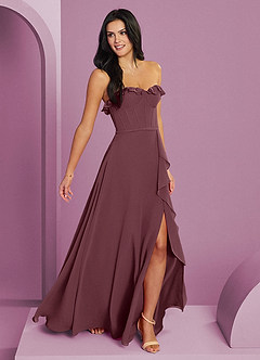 Barbie ♥ Azazie Robes de demoiselle d'honneur Robe Trapèze en Mousseline de soie Encolure en Forme de Cœur Sangria image4