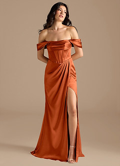 Azazie Lynden Bridesmaid Dresses Burnt Orange Sheath Off the Shoulder Metallic Satin Convertible Dress image1