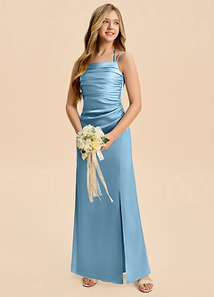 Azazie Nova Junior Steel Blue A-Line Pleated Stretch Satin Dress image3
