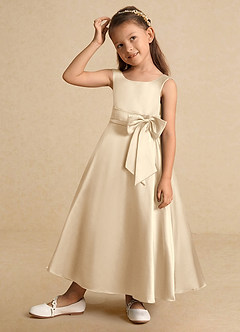 Azazie Lindy Flower Girl Dresses Champagne A-Line Pleated Matte Satin Dress image3