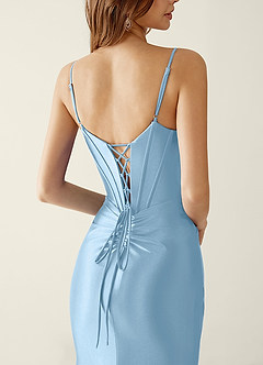 Indigo Sky Blue Satin V-neck Sequins Mermaid Prom Dress image3