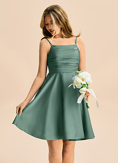 Azazie Miko Junior Eucalyptus A-Line Pleated Stretch Satin Dress image4