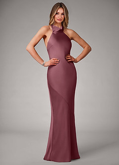 Azazie Velli Robes de demoiselle d'honneur Robe Sirène en Satin extensible Col haut Rose Du Désert image1