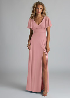 Azazie Induh Bridesmaid Dresses Dusty Rose A-Line Flutter V-neck Mesh Dress image2