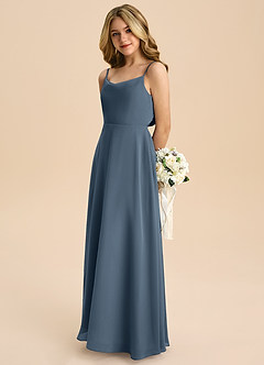 Azazie Shale Junior Vestido de Neptuno de Gasa de Corte en A con Lazo image6