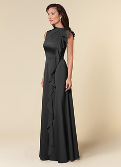 Azazie Narine Mother of the Bride Dresses Black A-Line High Neckline Pleated Stretch Satin Dress image3