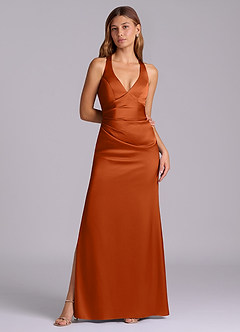 Azazie Amelie Bridesmaid Dresses Burnt Orange A-Line Pleated Stretch Satin Dress image4