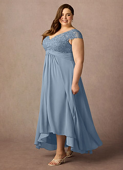 Azazie Irmeli Mère de la mariée Robes Robe Trapèze en Mousseline de soie Dentelle Bleu Poussiéreux image11