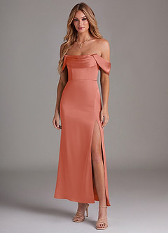 Azazie Saige Bridesmaid Dresses Salmon Pink Mermaid Off the Shoulder Stretch Satin Dress image3