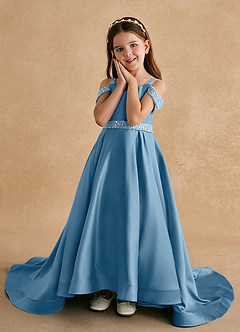 Azazie Jodi vestidos de niña de las flores Vestido de Azul Acero de Satin Mate de Corte En A image5