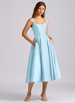 Azazie Amalie 신부 들러리 드레스 A라인 주름진 스트레치 새틴 티 길이 드레스 image3