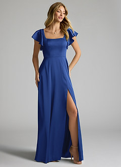 Azazie Bondi Bridesmaid Dresses Royal Blue A-Line Bow Stretch Satin Dress image2