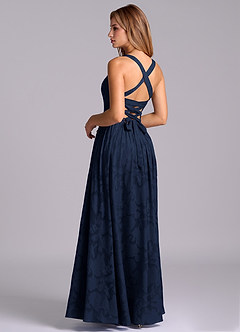 Azazie Francis Bridesmaid Dresses Dark Navy A-Line Corset Floral Burnout Dress image2