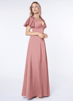Azazie Lani Vestidos de damas de honor Vestido de Rosa Polvorienta de Satén Elástico de Corte en A con Manga volante image4