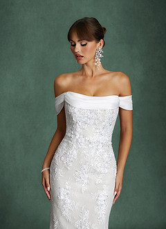 Azazie Harrah Wedding Dresses Diamond White Mermaid Off the Shoulder Lace Dress image4