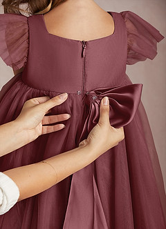 Azazie Kalio Robe Demoiselle D'honneur Fillette Robe Trapèze en Tulle avec manches Rose Du Désert image4