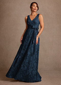 Azazie Luanne Mother of the Bride Dresses Dark Navy A-Line Pleated Floral Burnout Dress image1