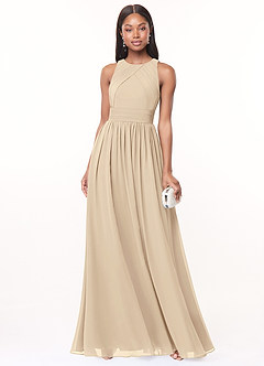 Azazie Harper Bridesmaid Dresses Champagne A-Line Pleated Chiffon Dress image1