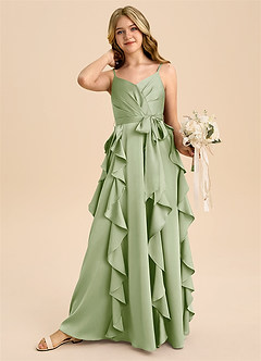 Azazie Peyton Junior A라인 주름진 스트레치 새틴 플로어 길이 주니어 신부 들러리 드레스 image3