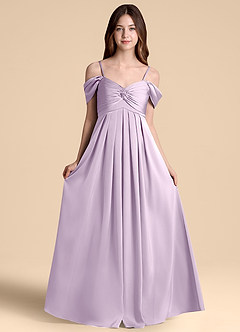 Azazie Kaitlynn Junior Frosted Lilac A-Line Off the Shoulder Stretch Satin Dress image6