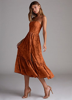 Azazie Delphina Brudtärnklänningar Klänning av A-Line i Blommig Utbrändhet Axelbandslös Bränd Apelsin Konvertibel image5