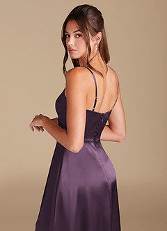 Azazie Halsey Bridesmaid Dresses Plum A-Line Side Slit Metallic Satin Dress image2