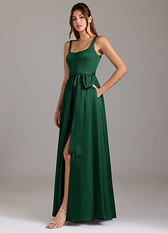 Azazie Elliott Bridesmaid Dresses Dark Green A-Line with Pockets Stretch Satin Dress image4