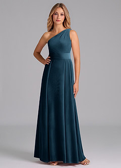 Azazie Dallas Bridesmaid Dresses Blue Topaz A-Line One Shoulder Velvet Dress image4