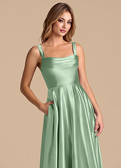 Azazie Shaude 신부 들러리 드레스 A라인 주름진 메탈릭 새틴 바닥 길이 드레스 image2