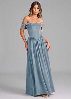 Azazie Hattie Robes de demoiselle d'honneur Robe Trapèze en velours Rayé Bleu Poussiéreux image5